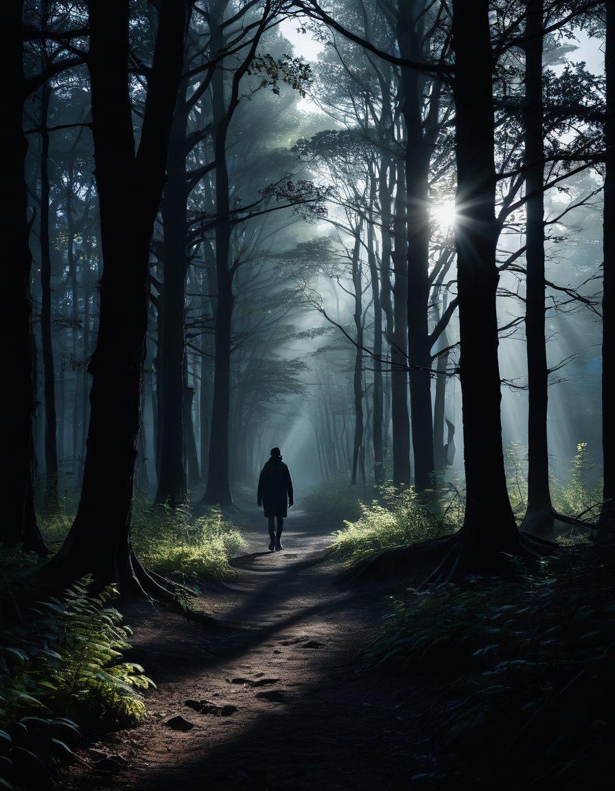 A shadowy figure walking through a dense forest filled with dark, twisted trees, symbolizing the journey through despair. Soft light breaking through the canopy overhead, representing hope and understanding. Subtle elements like fading footprints on the ground and a distant, glowing path, accentuating the complex emotions of unhappiness. super-realistic. muted colors. atmospheric.