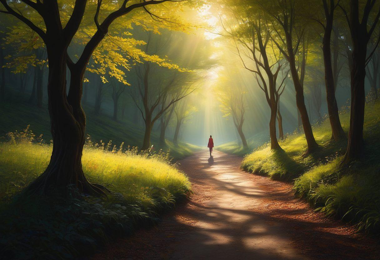 A solitary figure standing on a path illuminated by soft, ethereal light amidst dark, shadowy trees symbolizing emotional struggles. The background represents a transition from darkness to a bright, hopeful horizon, portraying the essence of resilience and healing. Wisps of light intertwine with the shadows, suggesting the delicate balance between light and dark in our emotional journey. Use a dreamlike, surreal art style with contrasting colors that capture the intensity of the experience. vibrant colors. surrealistic.