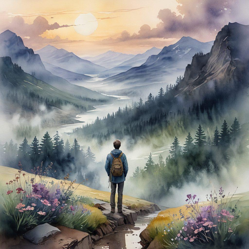 A serene landscape depicting a deep, foggy valley symbolizing emotional depths, with a lone figure contemplating at the edge. Soft, muted colors evoke a sense of melancholy, while gentle rays of sunlight break through the clouds, representing hope and understanding. Include subtle elements of nature, like wilting flowers and distant mountains, to convey complexity in emotions. The overall scene should evoke introspection and emotional navigation. moody illustration. watercolors. soft focus.
